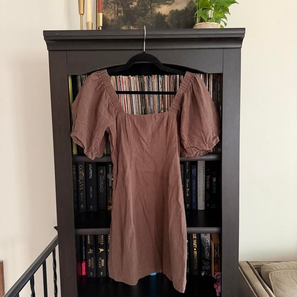 SNDYS Everyday Mini Dress XS Brown Puff Sleeve Cotton Boho
